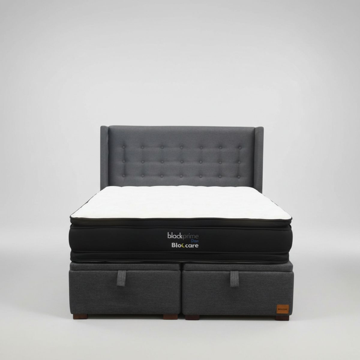 BLOCCARE - Cama Baul King L200 cm + Colchon Black Prime - Modelo Dos + Respaldo / Con Patas de 4.5 cm