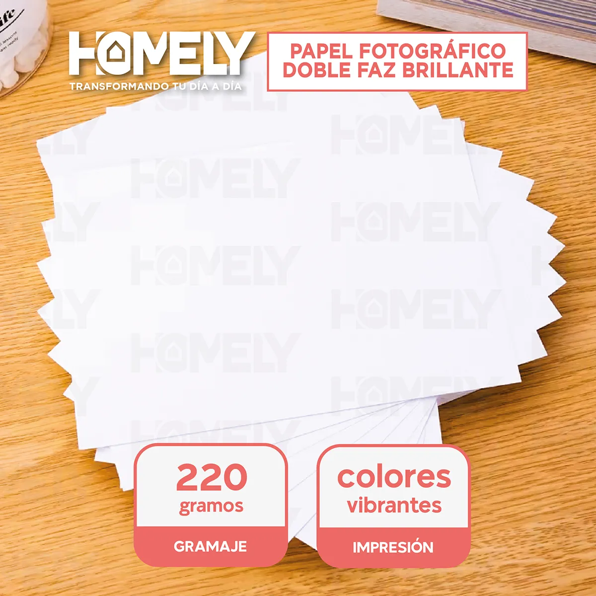 HOMELY - Papel Fotografico Lisa Doble Faz A4 220 Gr Homely Brillante 50 Hjs Tamaño Carta.