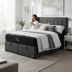 BLOCCARE - Cama Baul 2 Plaza L200 cm + Colchon Black Prime - Modelo Uno + Respaldo / Con Patas de 11 cm