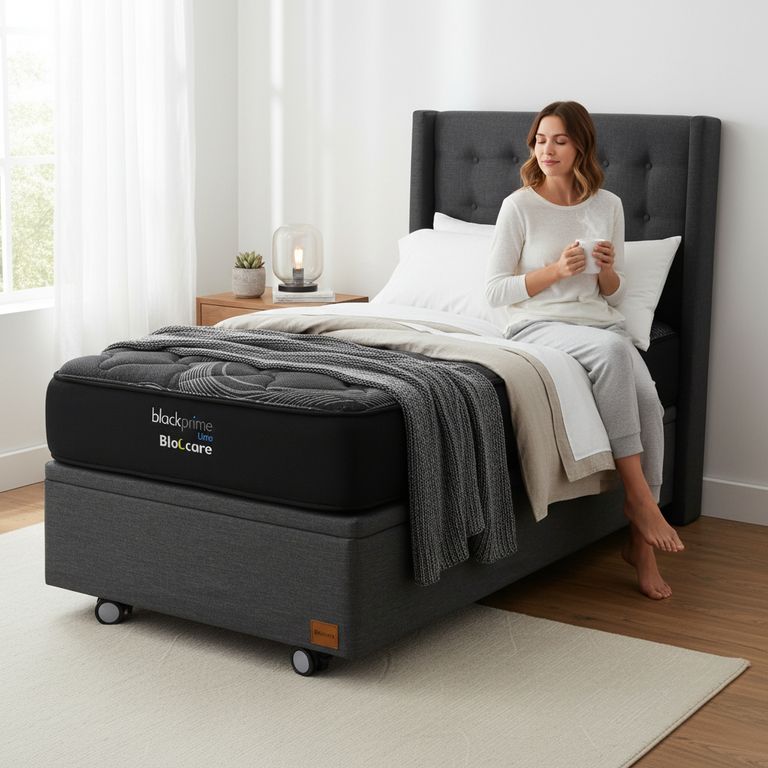 Cama Baul 1 Plaza L200 cm + Colchon Black Prime - Modelo Uno + Respaldo / Rueda Logo(Gris)