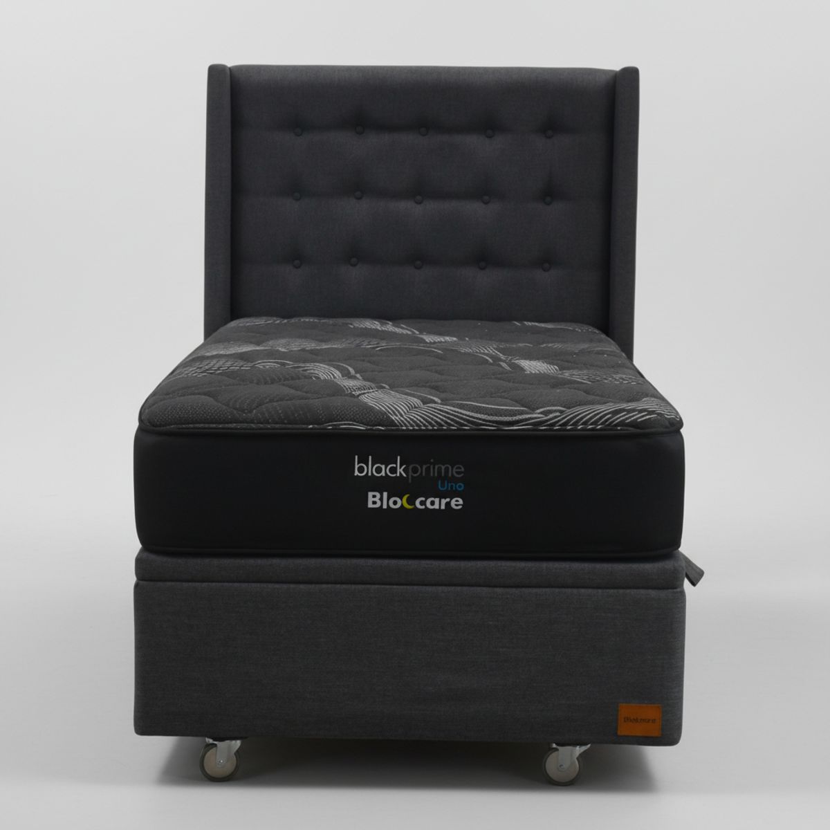 BLOCCARE - Cama Baul 1 Plaza L190 cm  + Colchon Black Prime - Modelo Uno + Respaldo / Rueda Pyton (Gris)