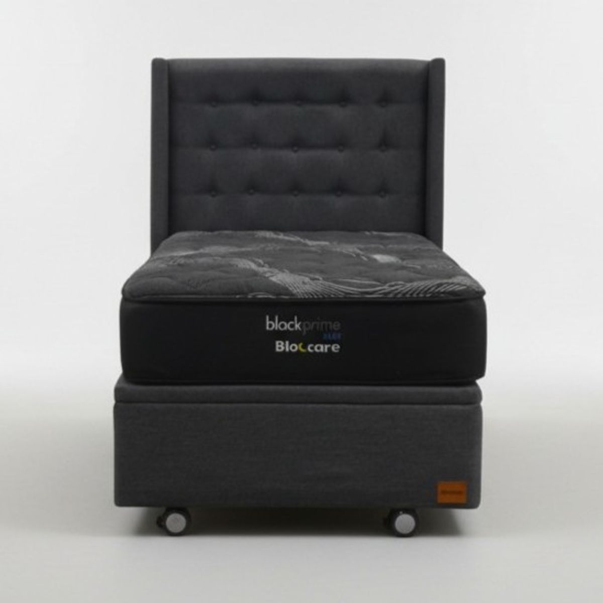 BLOCCARE - Cama Baul 1.5 Plaza L190 cm + Colchon Black Prime - Modelo Uno + Respaldo / Rueda Logo(Gris)