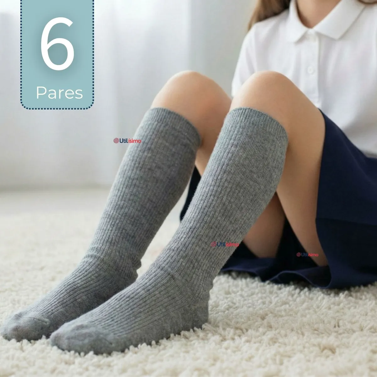 UTILISIMO - Pack 6 Calcetínes Escolares Largo Bambú Gris Niñas