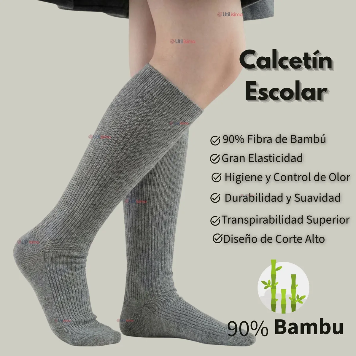 UTILISIMO - Pack 6 Calcetínes Escolares Largo Bambú Gris Niñas
