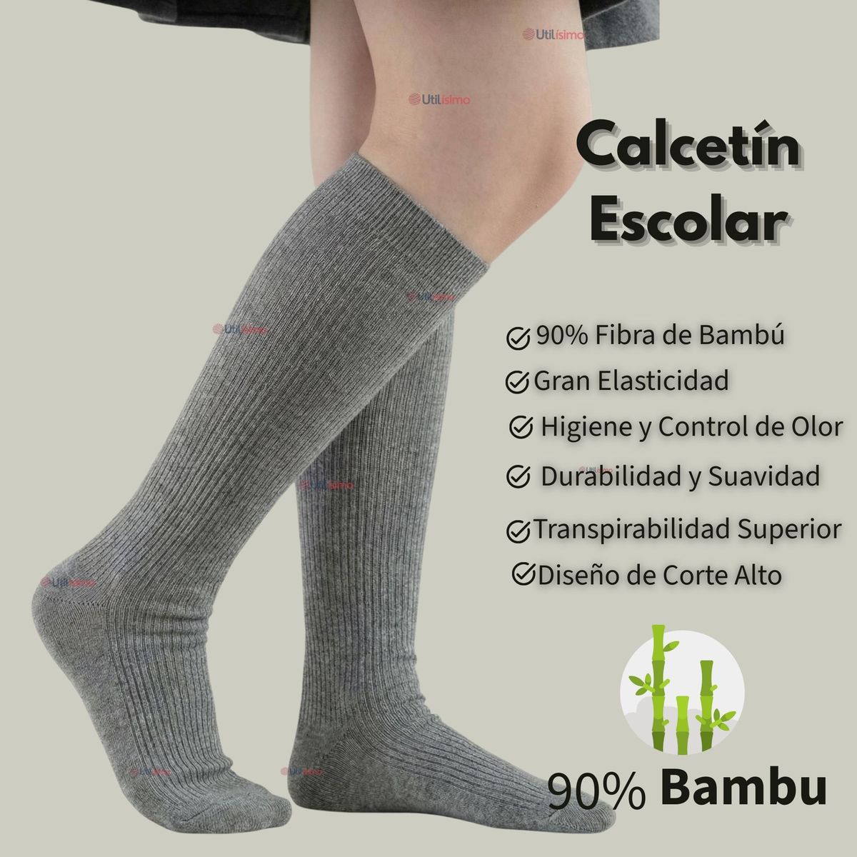 UTILISIMO - Pack 6 Calcetínes Escolares Largo Bambú Gris Niñas