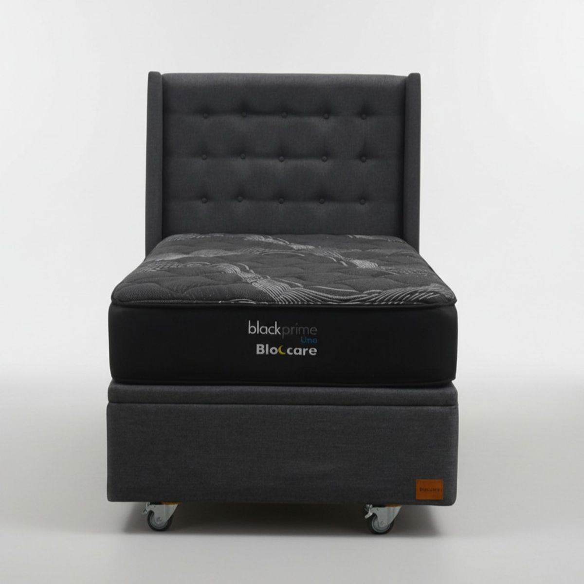 BLOCCARE - Cama Baul 1.5 Plaza L190 cm  + Colchon Black Prime - Modelo Uno + Respaldo  / Rueda Deluxe (Gris)