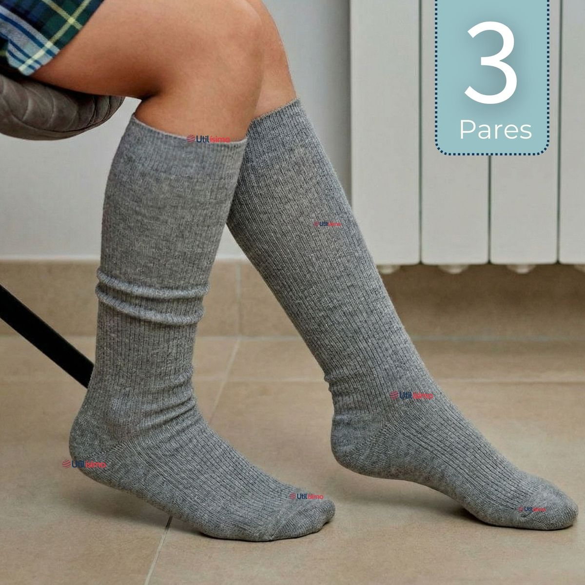 UTILISIMO - Pack 3 Calcetínes Escolares Largo Algodón Gris Niñas