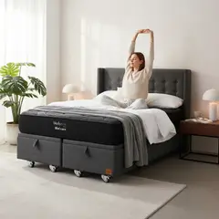 BLOCCARE - Cama Baul 2 Plaza L190 cm + Colchon Black Prime - Modelo Dos + Respaldo / Rueda Logo(Gris)