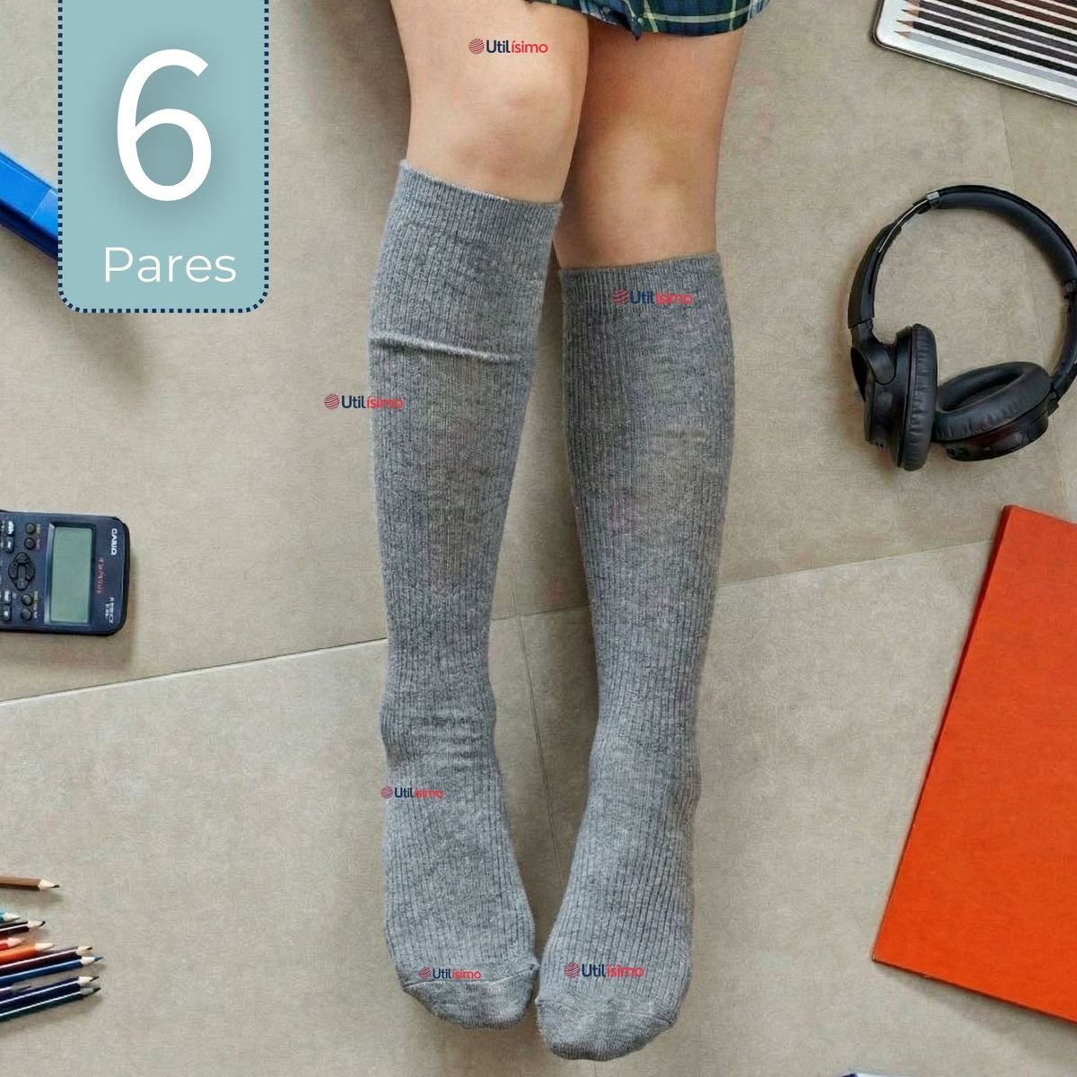 UTILISIMO - Pack 6 Calcetínes Escolares Largo Algodón Gris Niñas