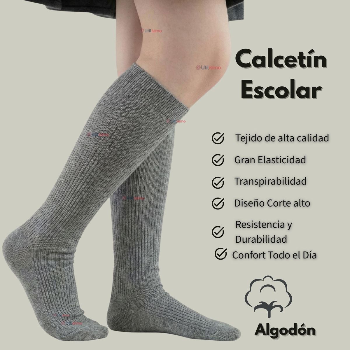 UTILISIMO - Pack 6 Calcetínes Escolares Largo Algodón Gris Niñas