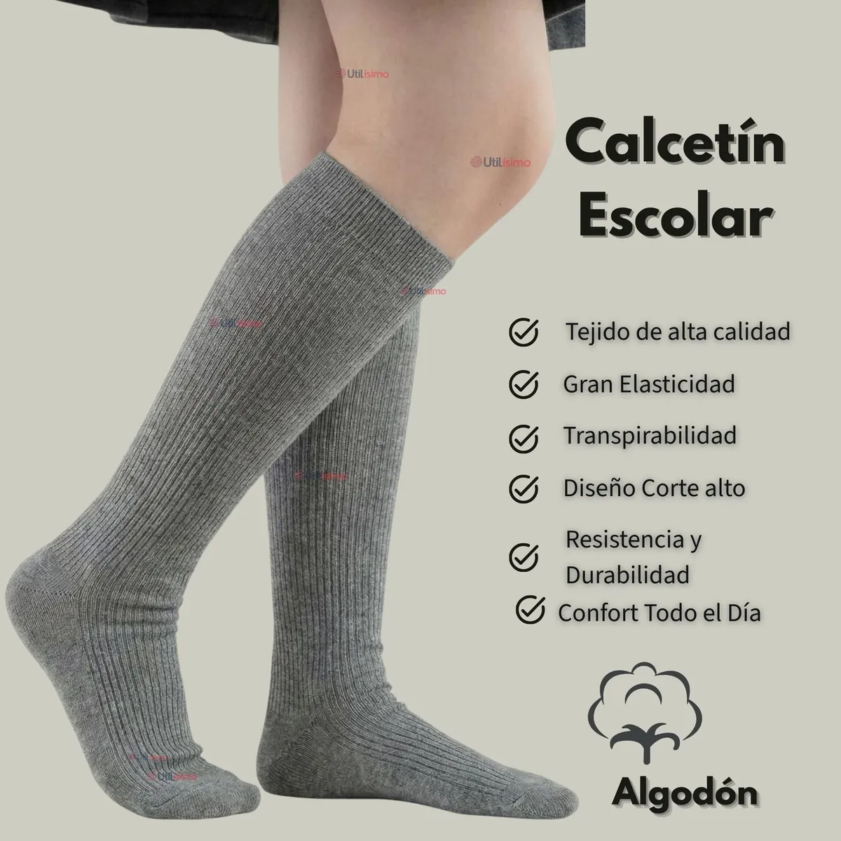 UTILISIMO - Pack 6 Calcetínes Escolares Largo Algodón Gris Niñas