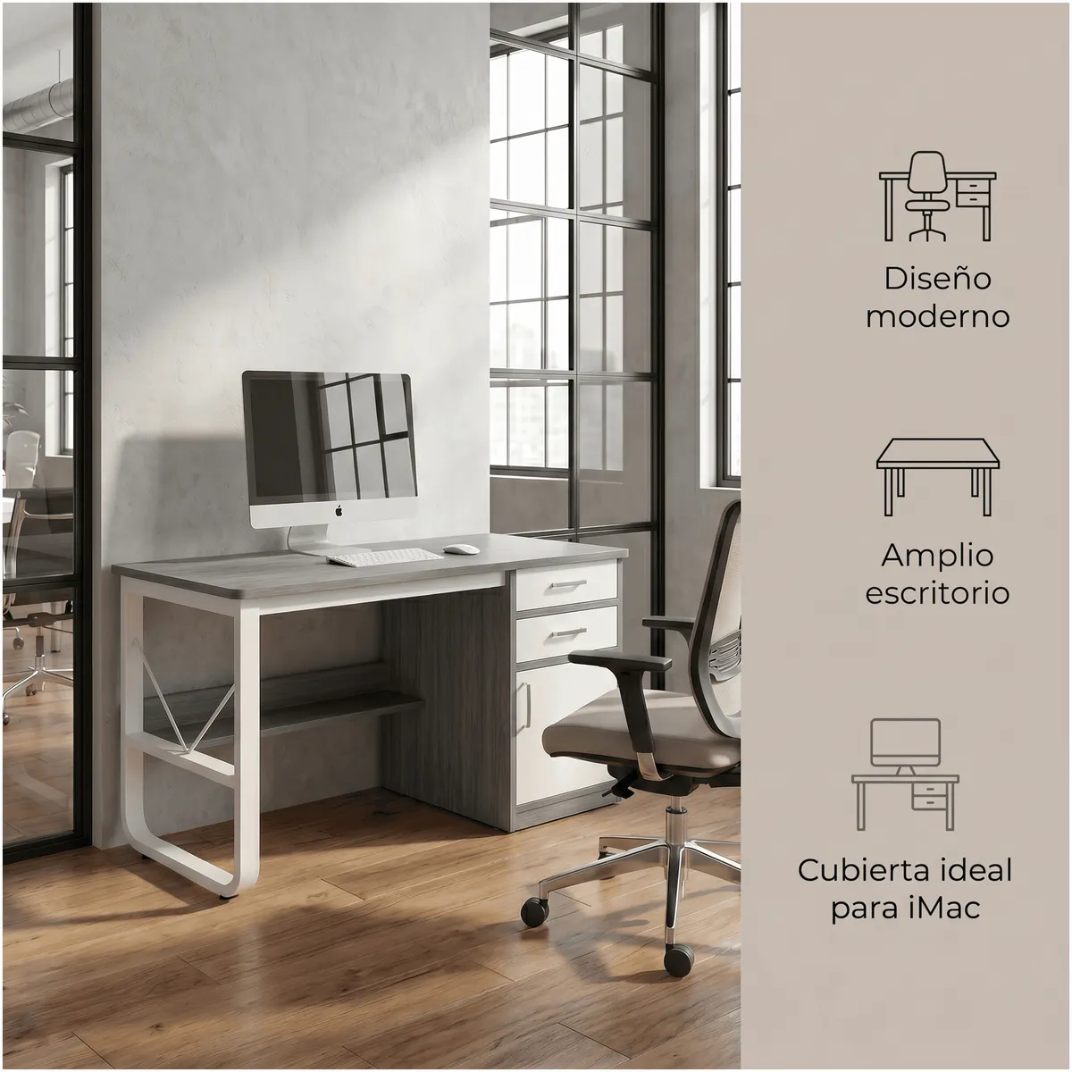 HOMER DESIGN - Escritorio Moderno Con Cajoneras 100x60x72cm Para Oficina