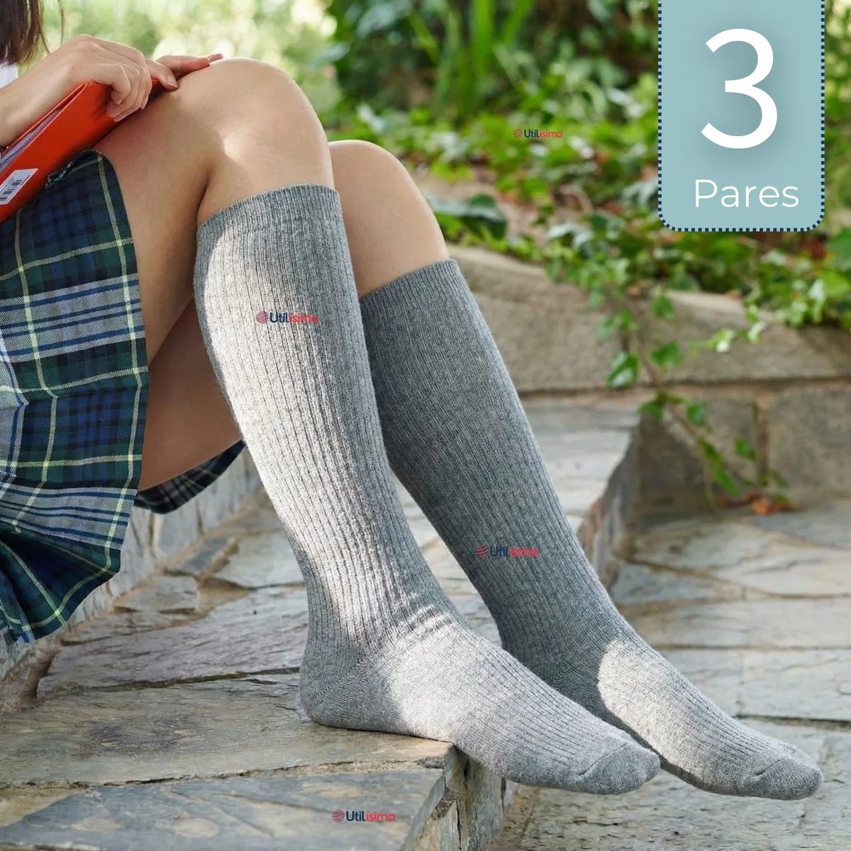UTILISIMO - Pack 3 Calcetínes Escolares Largo Acrílico Gris Niñas