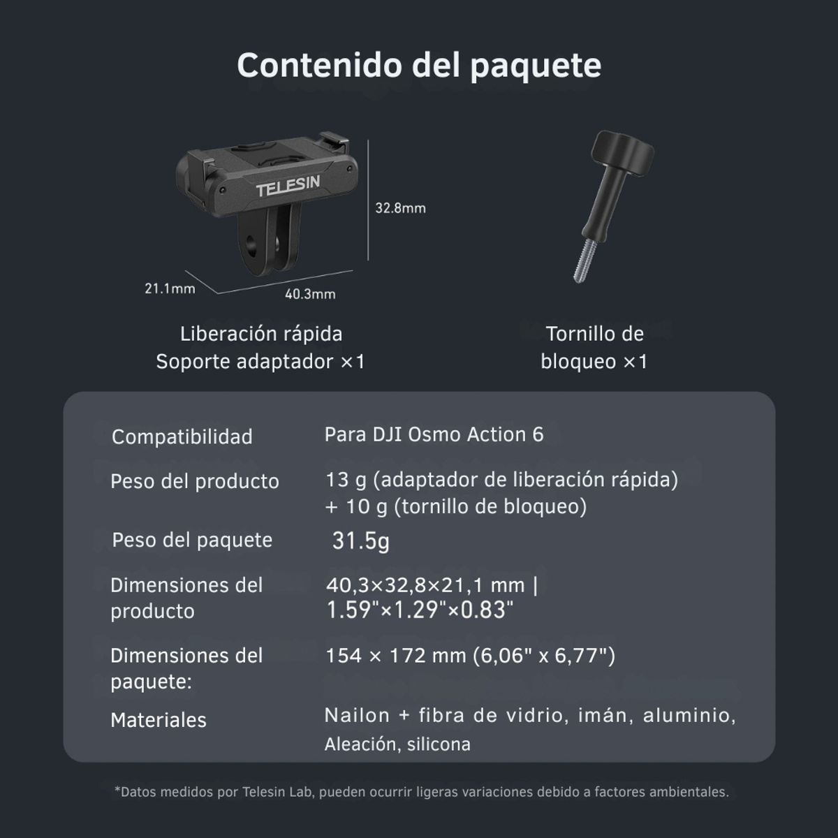 TELESIN - Adaptador Magnético Rápido para DJI Osmo Action 6 y Nano