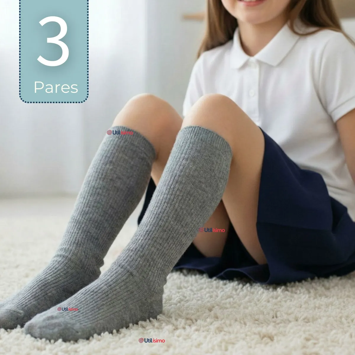 UTILISIMO - Pack 3 Calcetínes Escolares Largo Acrílico Gris Niñas