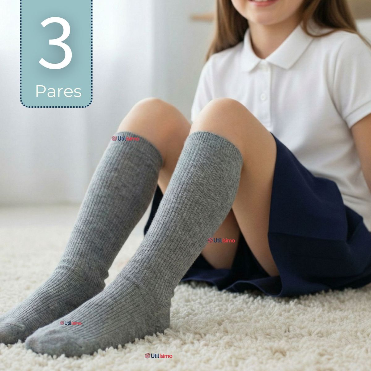 UTILISIMO - Pack 3 Calcetínes Escolares Largo Acrílico Gris Niñas