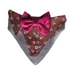 GENERICO - Bandana Para Mascotas Huesito Ceniza Camisa Marrón Lazo Burdeo Talla M