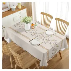 ALMA & DECO - Mantel Antimanchas Mod. "Jardín Ocre" Flecos Bohemios 140 X 220 Cm Rect