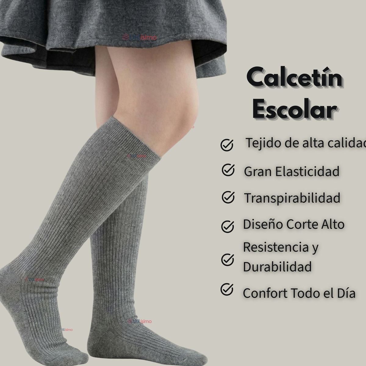 UTILISIMO - Pack 6 Calcetínes Escolares Largo Acrílico Gris Niñas