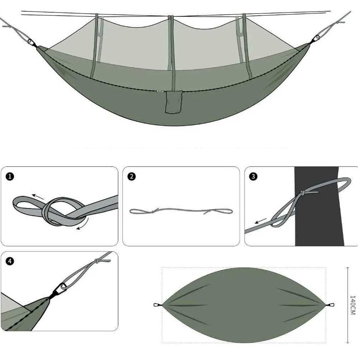 GENERICO - Hamaca Camping Camuflaje con Mosquitero + Kit Instalación 200X140