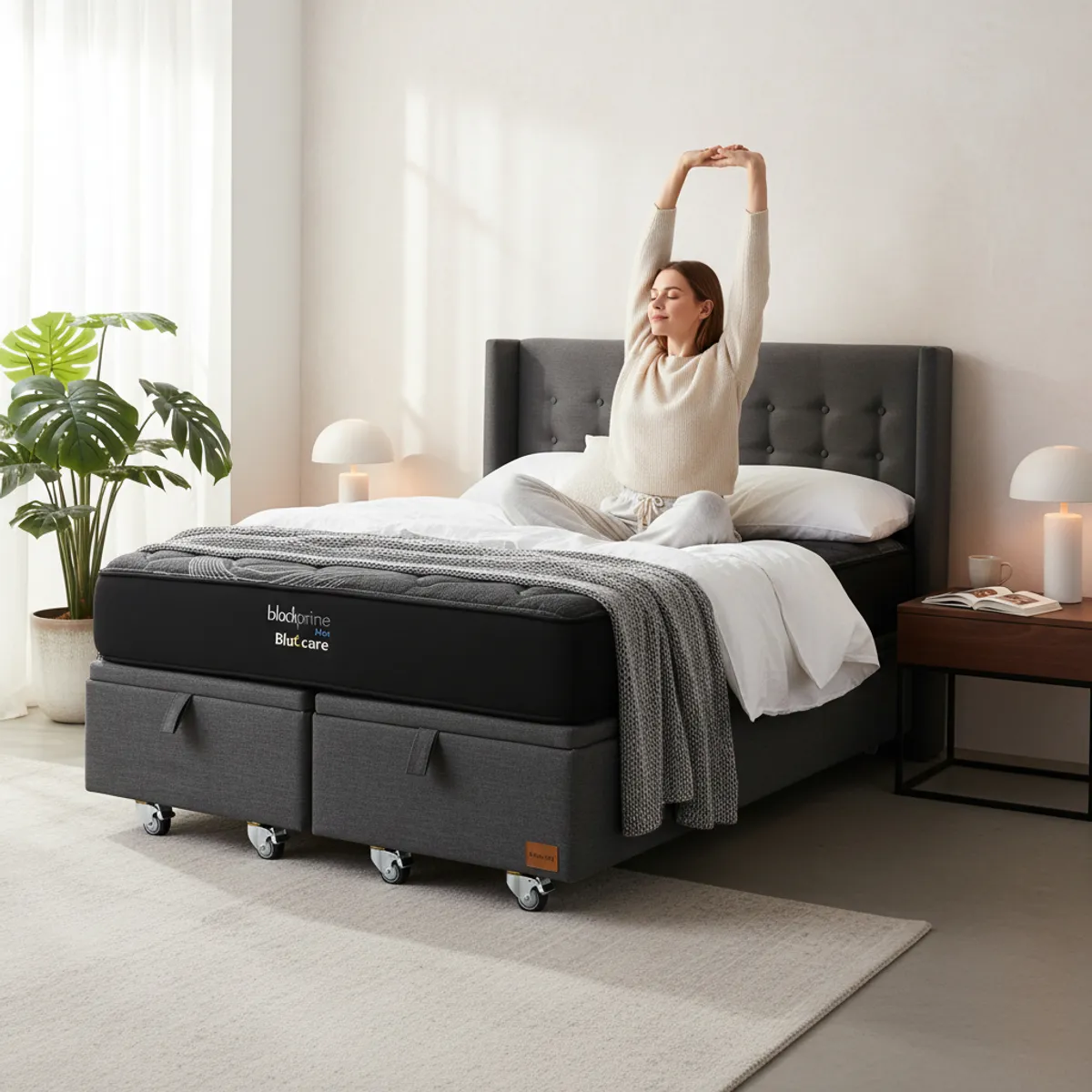 BLOCCARE - Cama Baul 2 Plaza L200 cm  + Colchon Black Prime - Modelo Uno + Respaldo / Rueda Pyton (Gris)