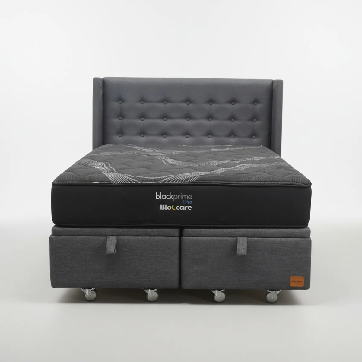 BLOCCARE - Cama Baul 2 Plaza L200 cm  + Colchon Black Prime - Modelo Uno + Respaldo / Rueda Pyton (Gris)