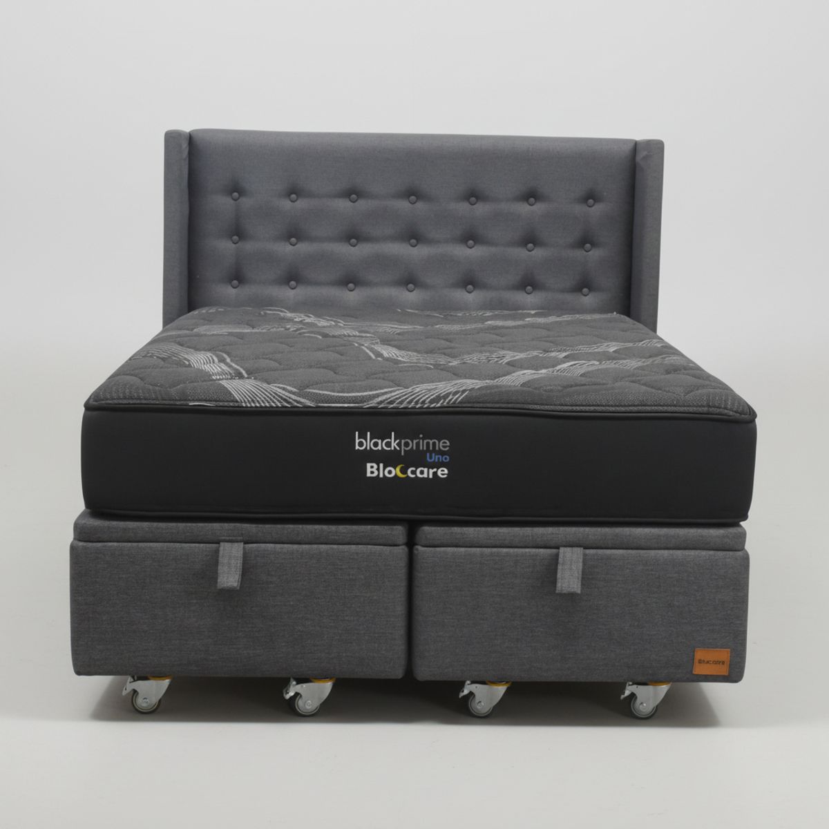 BLOCCARE - Cama Baul 2 Plaza L190 cm  + Colchon Black Prime - Modelo Uno + Respaldo  / Rueda Deluxe (Gris)