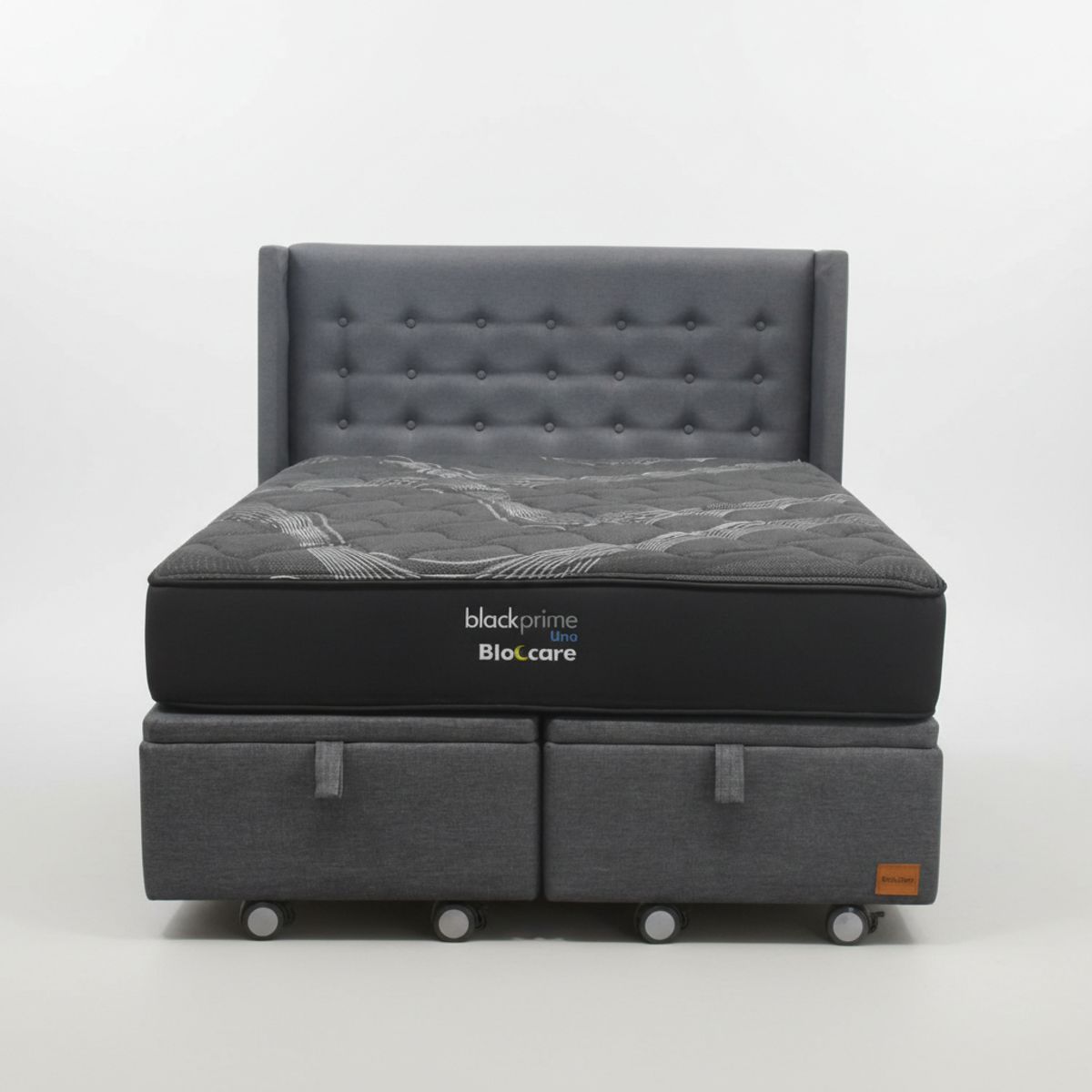 BLOCCARE - Cama Baul King L200 cm + Colchon Black Prime - Modelo Uno + Respaldo  Rueda Logo (Gris)