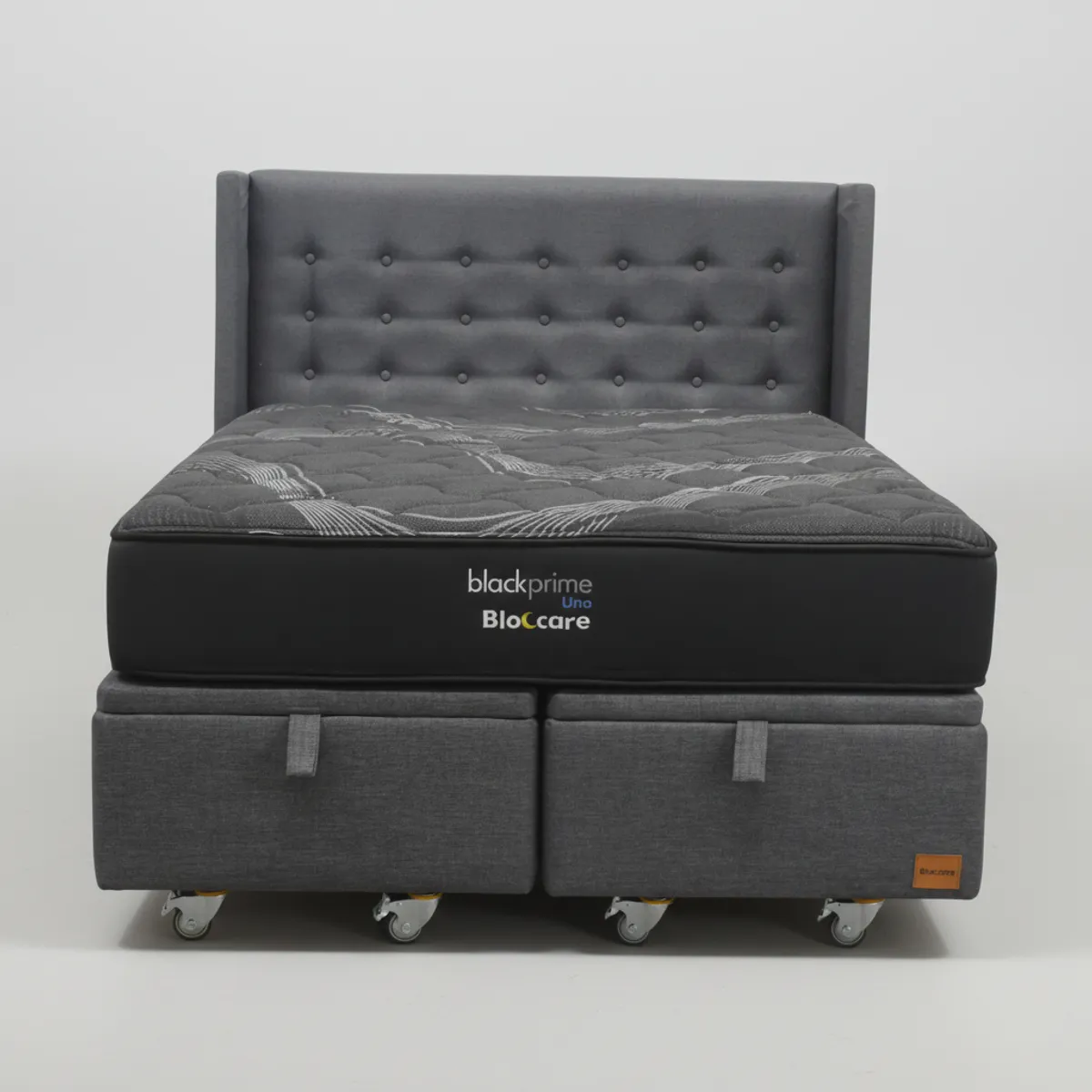 BLOCCARE - Cama Baul King L200 cm  + Colchon Black Prime - Modelo Uno + Respaldo  / Rueda Deluxe (Gris)
