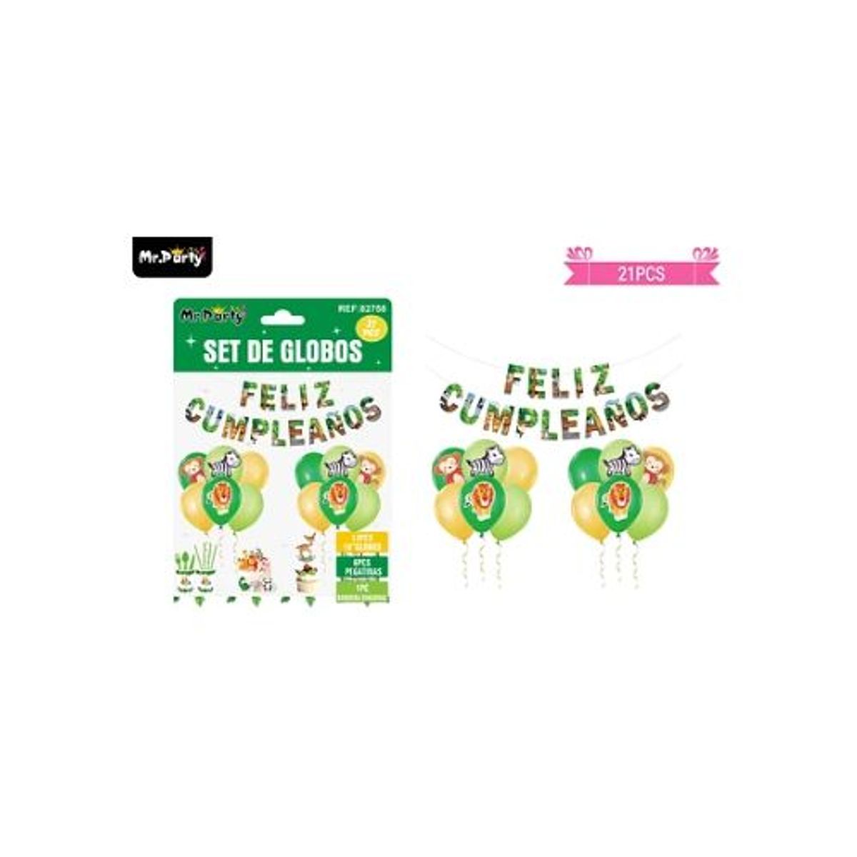 GENERICO - Set de globos látex y guirnalda con animales 21pcs