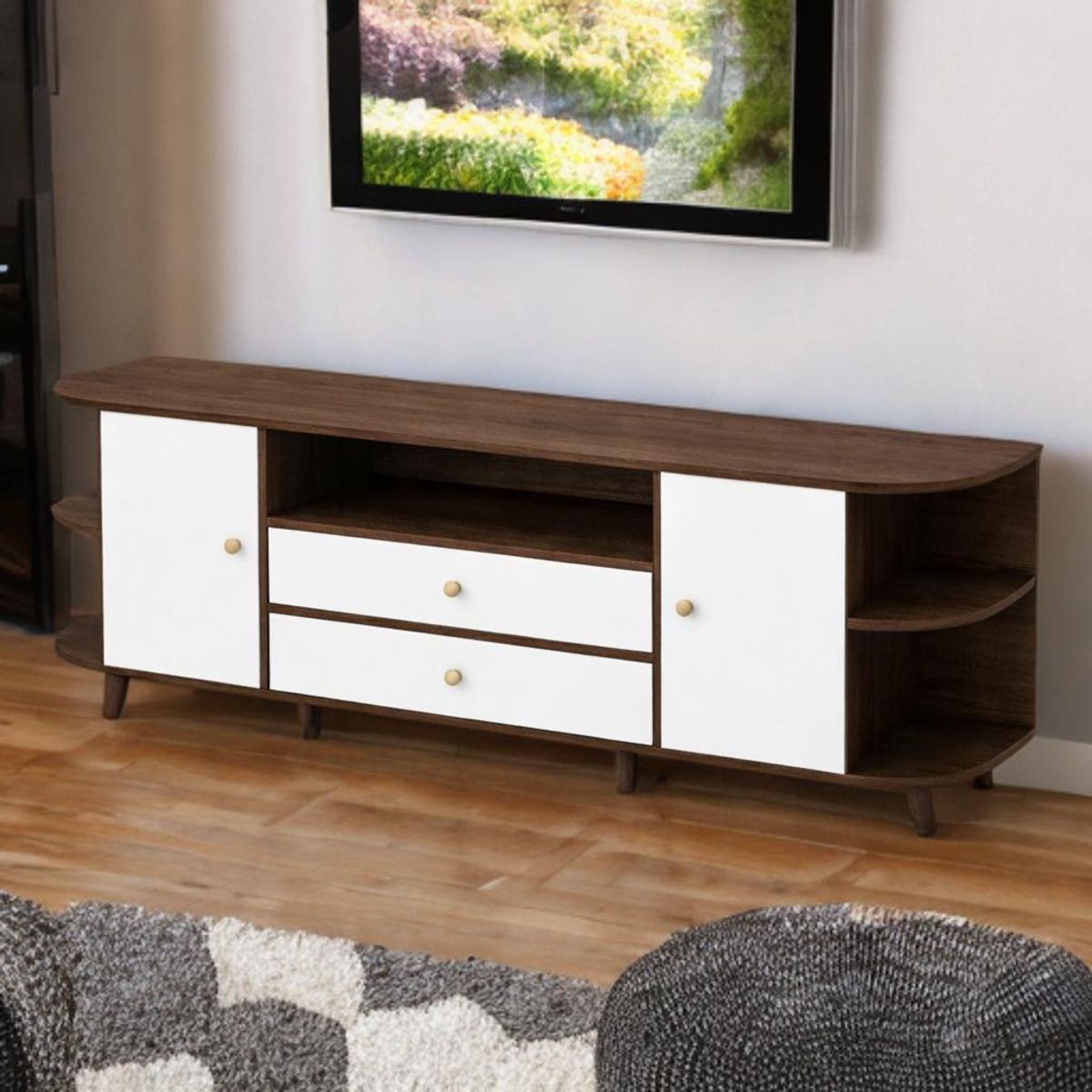 Mueble de Tv Rack Moderno 140x30x55 Estilo Escandinavo con Cajones Puerta Estantes Abiertos.., marca ACTUAL - Foto 2