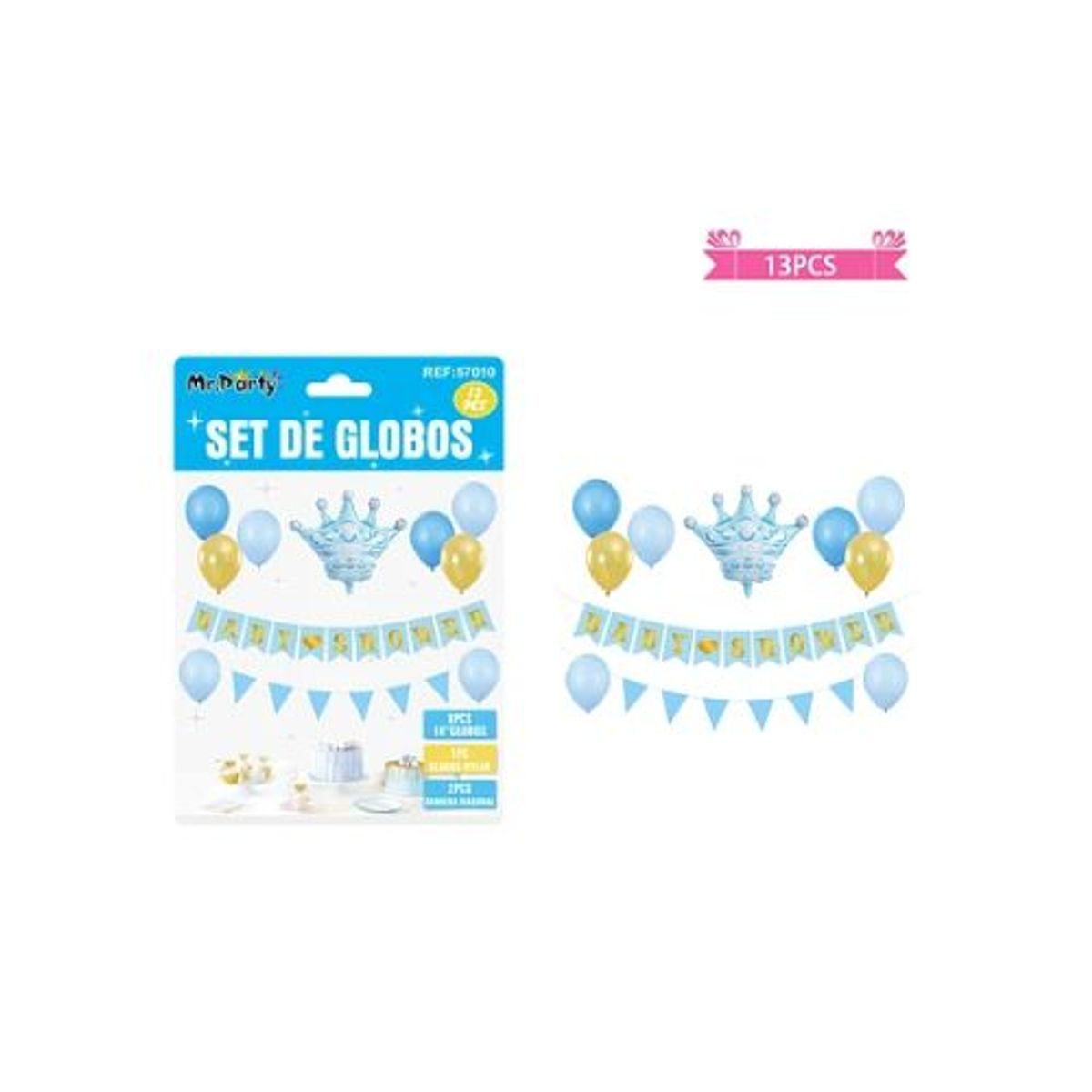 GENERICO - Set de globos látex y guirnalda baby shower celeste 13pcs