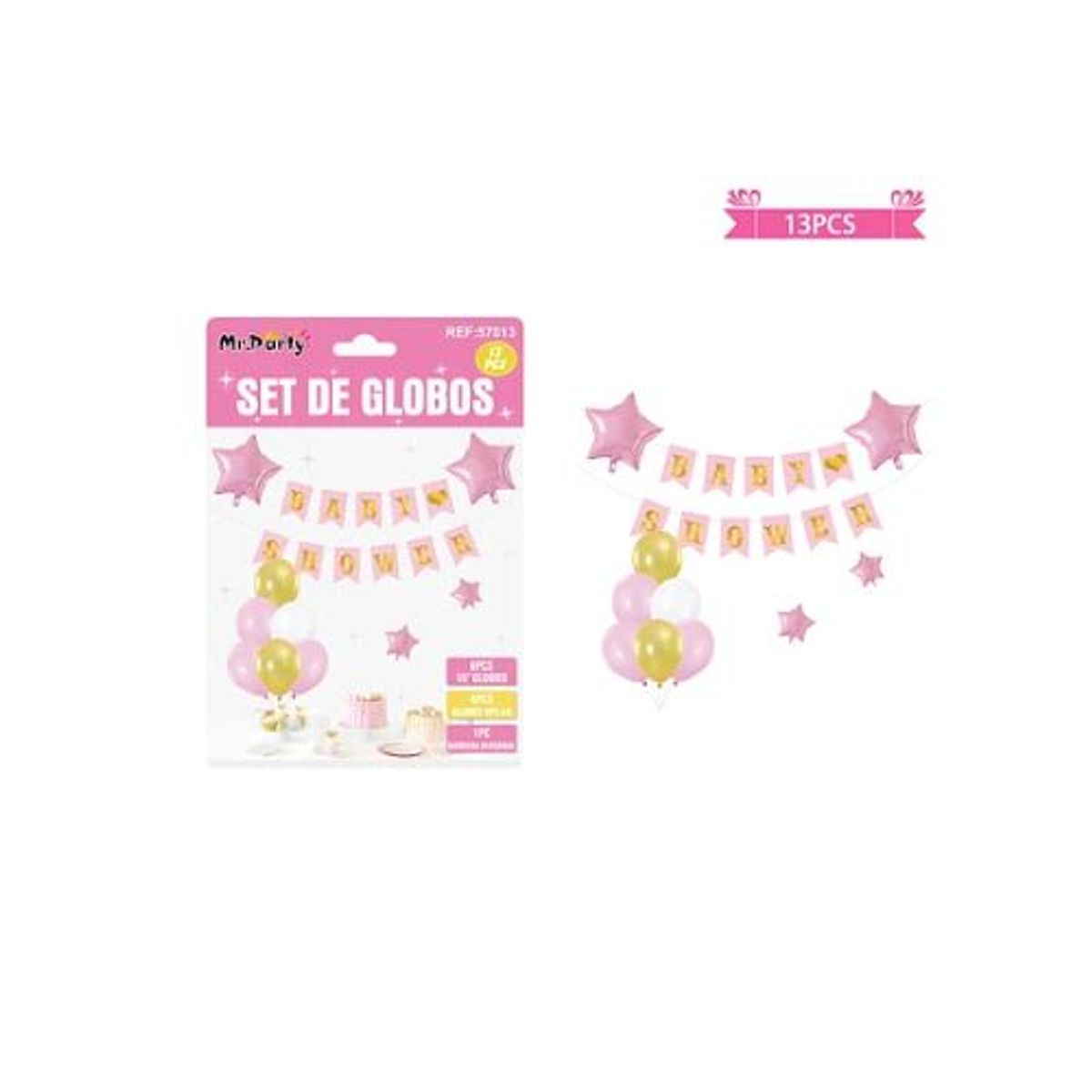 GENERICO - Set de globos látex y guirnalda baby shower rosado 13pcs
