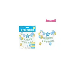 GENERICO - Set de globos látex y guirnalda baby shower celeste 20pcs
