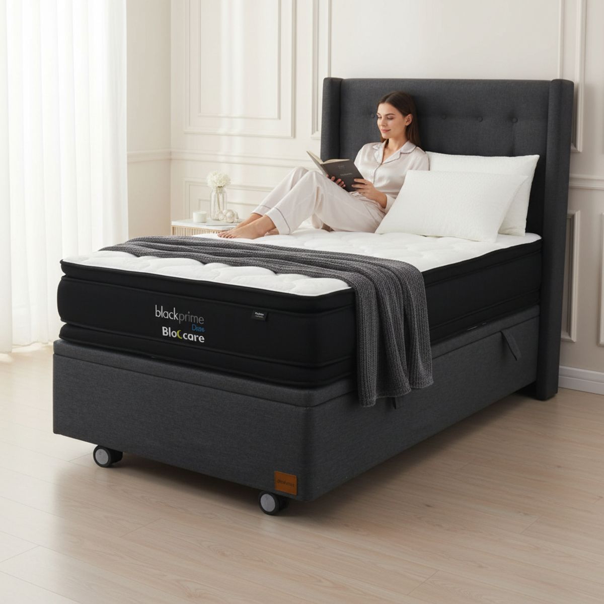 BLOCCARE - Cama Baul 1.5 Plaza L190 cm  + Colchon Black Prime - Modelo Dos  + Respaldo  / Rueda Deluxe (Gris)