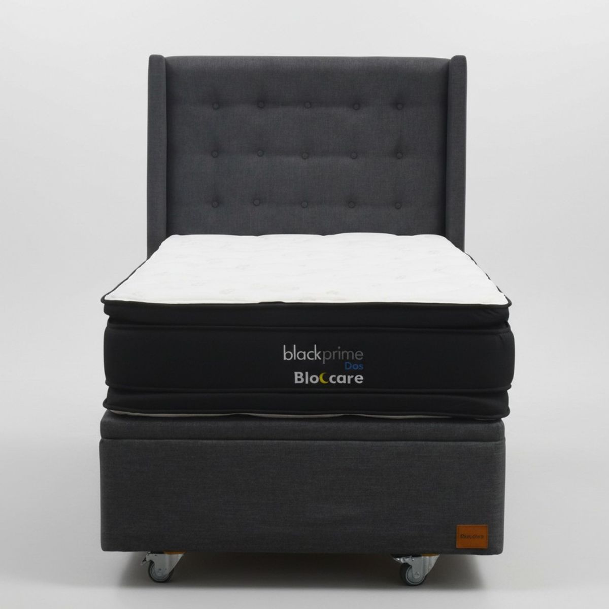 BLOCCARE - Cama Baul 1.5 Plaza L190 cm  + Colchon Black Prime - Modelo Dos  + Respaldo  / Rueda Deluxe (Gris)