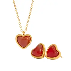 LUXURYJOYAS - Conjunto 2 Piezas Aros+Collar Corazón ágata oro bañado sello 18k