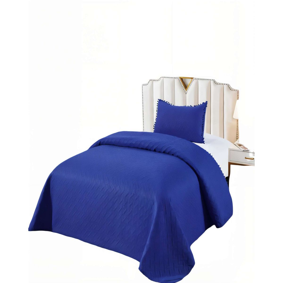 GENERICO - CUBRECAMA DE VERANO UNICOLOR CON POMPON PYM COLOR AZUL