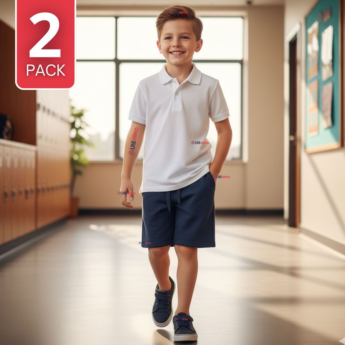 UTILISIMO - Pack 2  Pantalón Corto Short Escolar Niño Algodón Deportivo Azul Marino