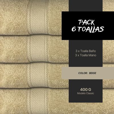 Imagen 2 del producto Pack 6 Toallas 100% Algodón Baño Y Manos 400g Color Beige