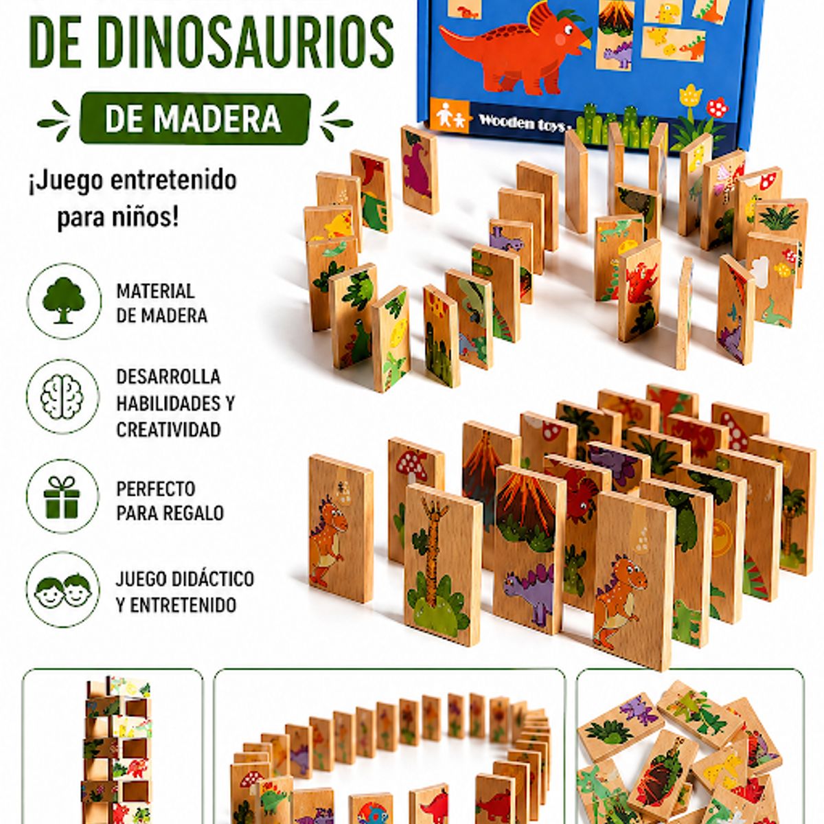 GENERICO - ROMPECABEZA DOMINO DINOSAURIO MADERA MONTESSORI NIÑOS