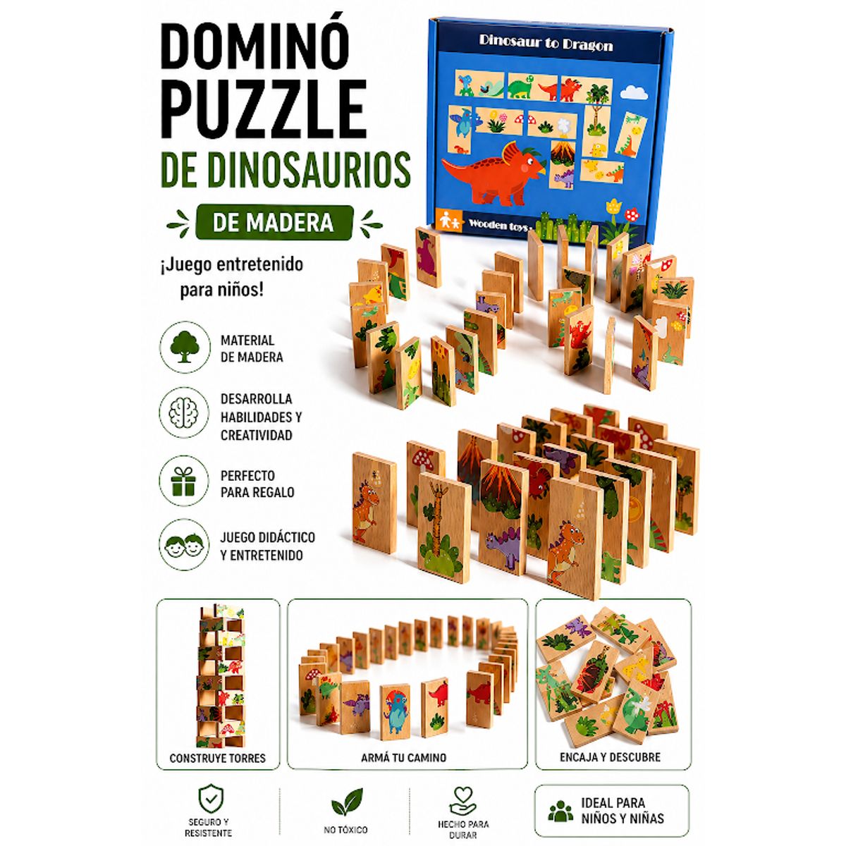 GENERICO - ROMPECABEZA DOMINO DINOSAURIO MADERA MONTESSORI NIÑOS