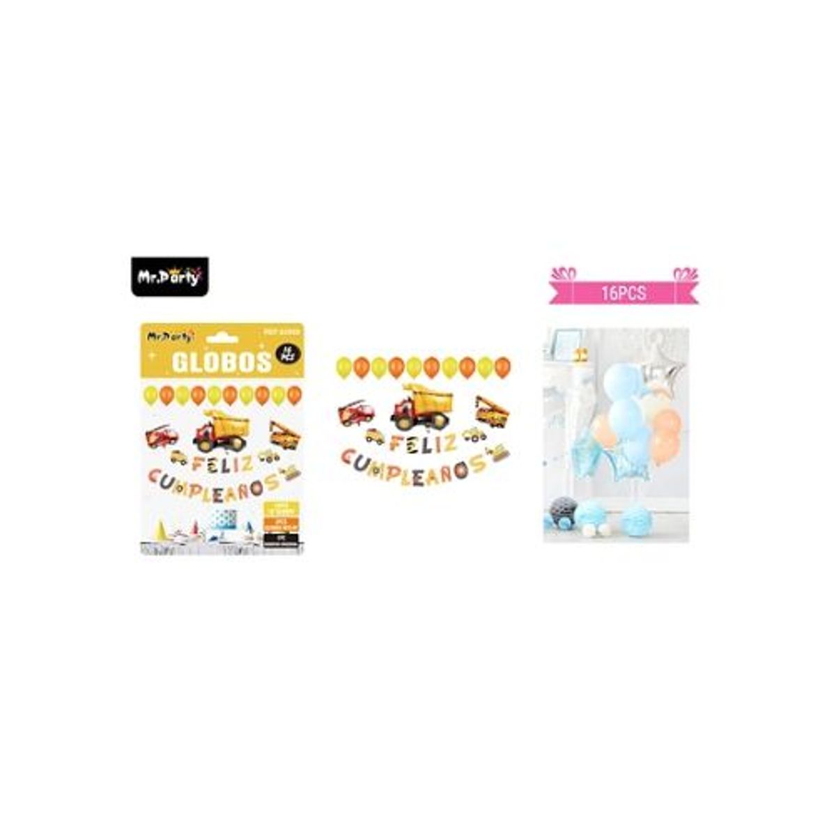 GENERICO - Set de globos látex y guirnalda con excavadora 16pcs