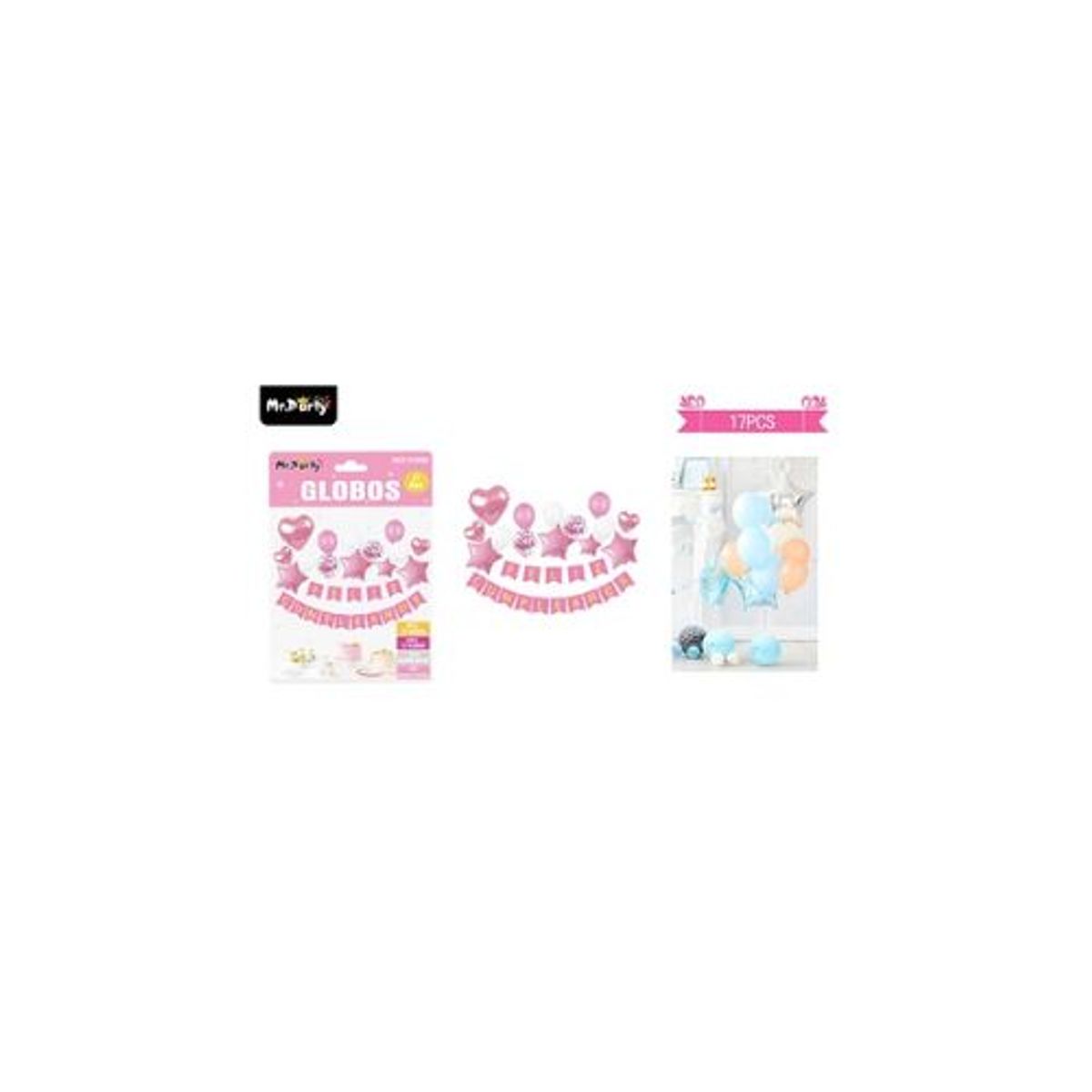 GENERICO - Set de globos látex y guirnalda con estrella rosado 17pcs