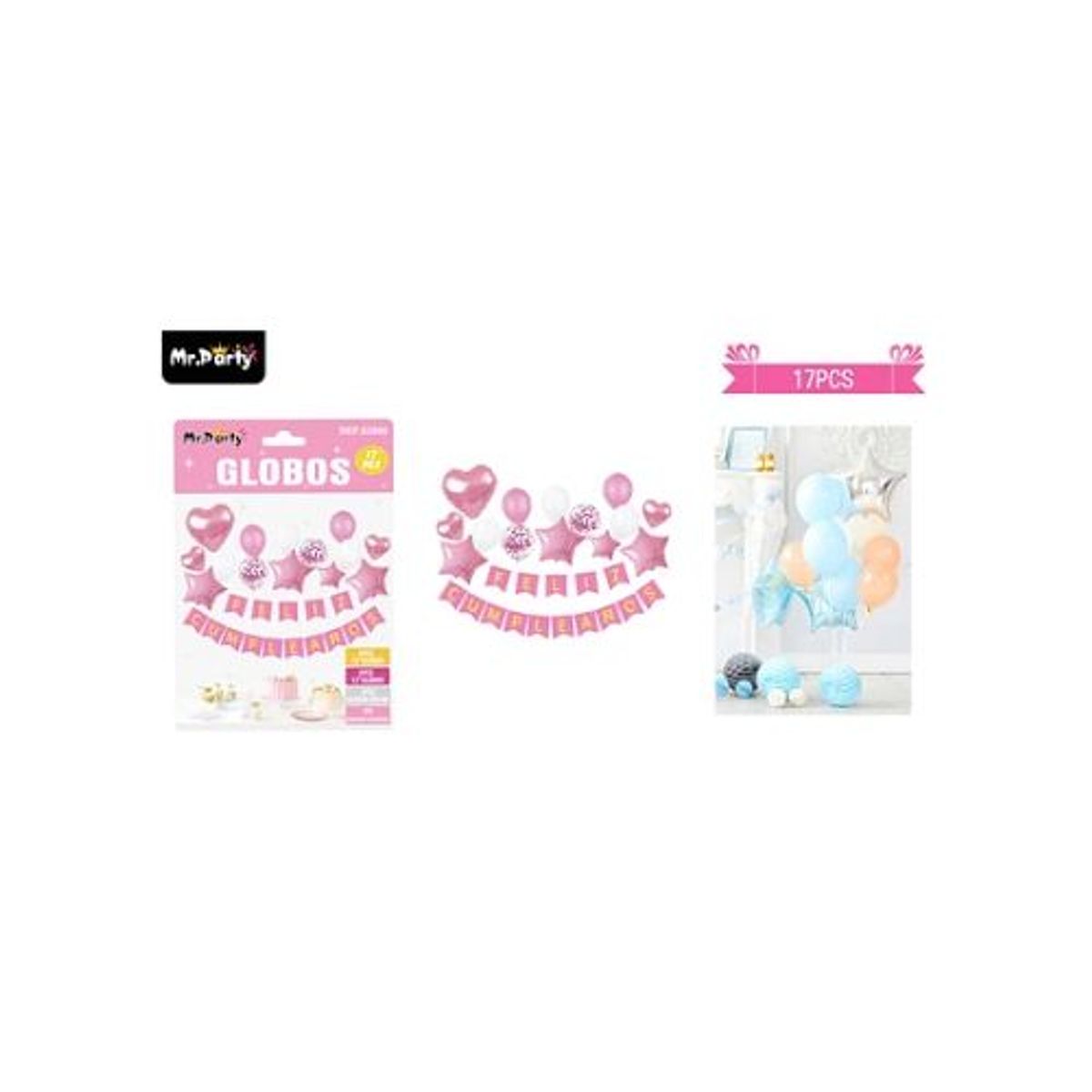 GENERICO - Set de globos látex y guirnalda con estrella rosado 17pcs