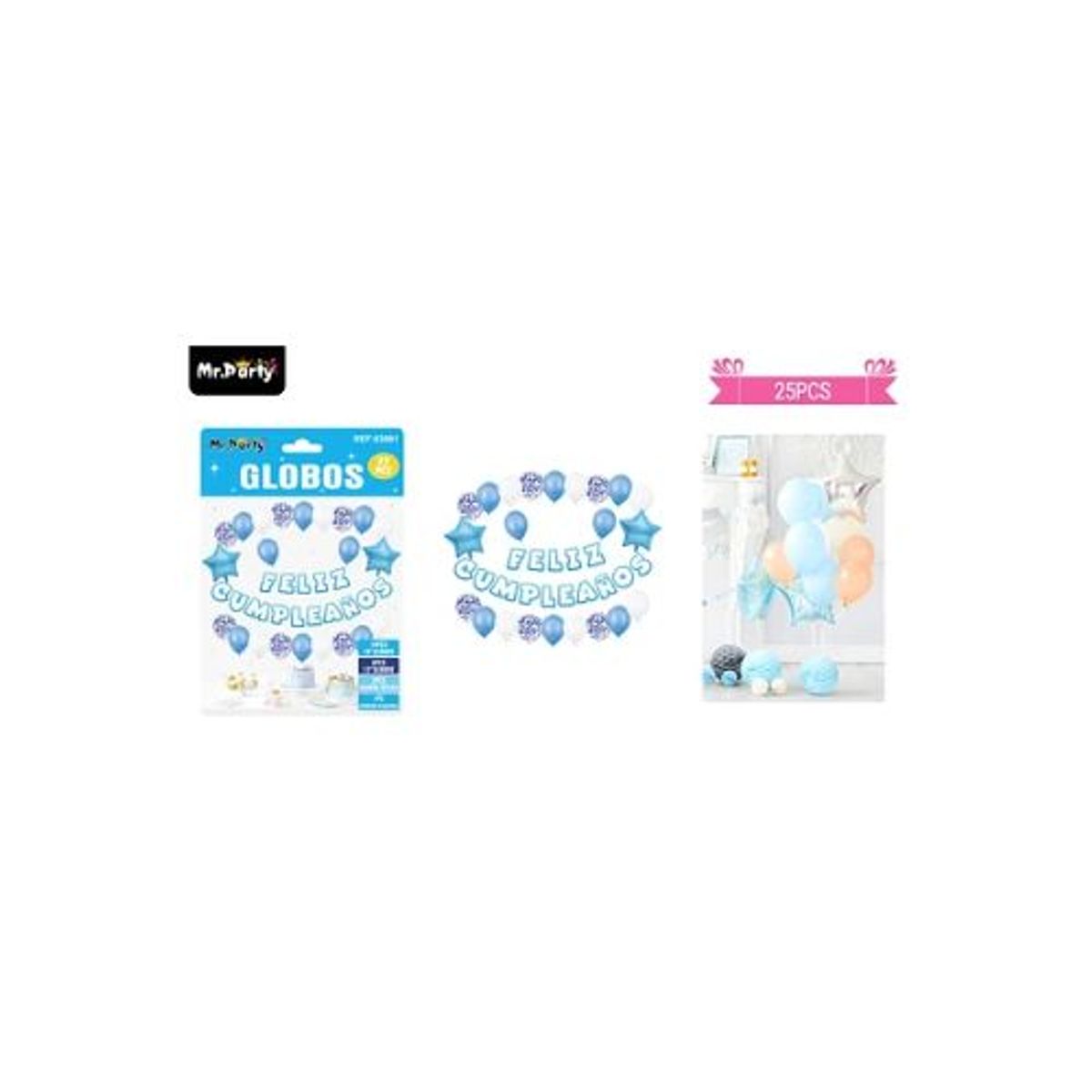 GENERICO - Set de globos látex y guirnalda con estrella azul 25pcs