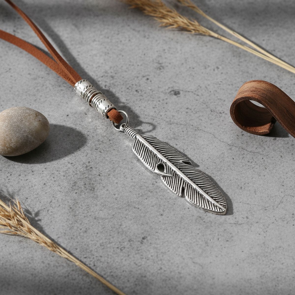 GENERICO - Collar De Cuero Pluma Silver Space Hombre Mujer Moda