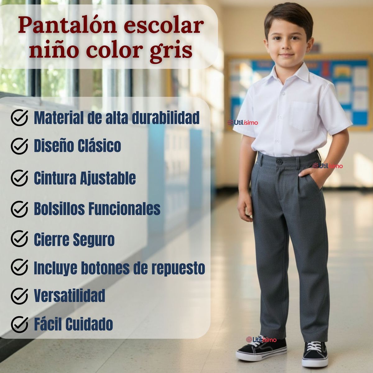 UTILISIMO - Pantalón Escolar Colegio Clásico Gris Niño Juvenil