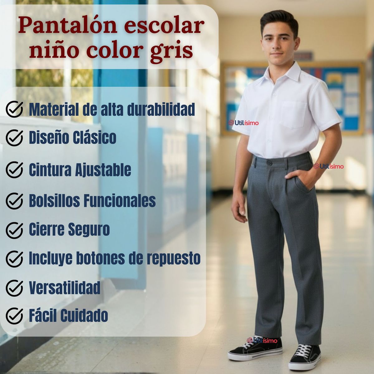 UTILISIMO - Pantalón Escolar Colegio Clásico Gris Niño Juvenil