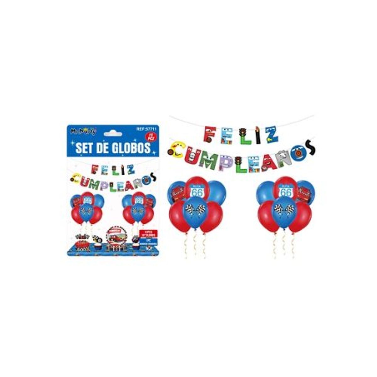 GENERICO - Set de globos con guirnalda de autos 15pcs